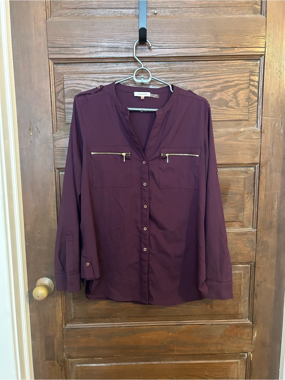 Calvin Klein Deep Plum Button-Front Utility Blouse